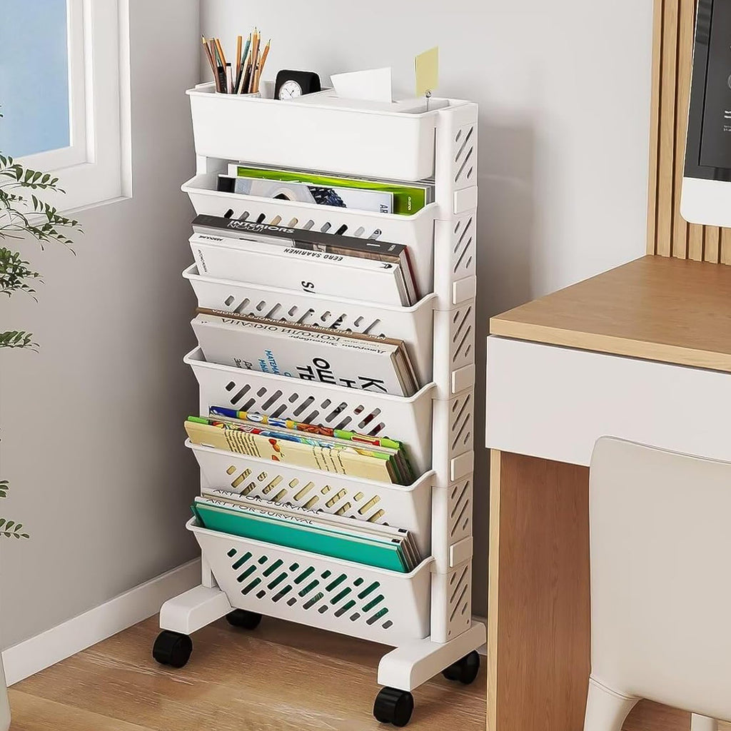 Movable Bookshelf, Large Capacity Rotatable Plastic Rolling Organization Shelf / Rack