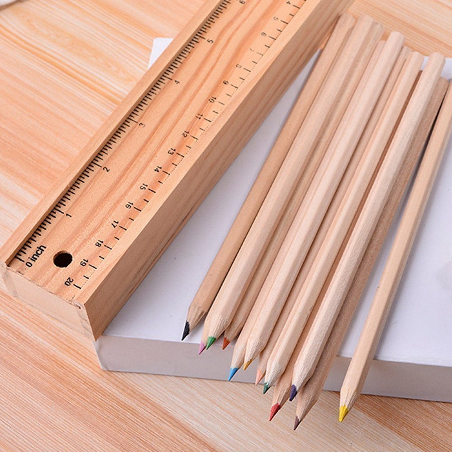 Colorful Wooden Pencil Set with Pencil box, Ruler, Sharpener (12 Pcs Set)