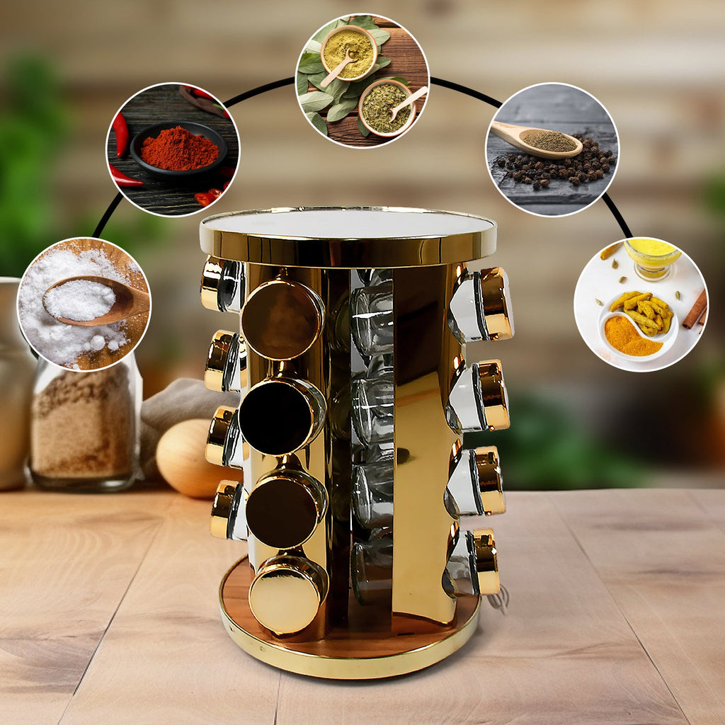 LED Spice Rack Organizer, Rotating Spice Rack  (Golden / 16 Pc / MOQ - 6 pc)