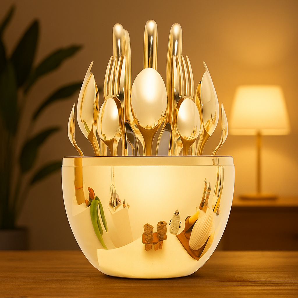 Premium Cutlery Set 24 Pcs with Oval Shaped Stand  (Golden / 24 pcs set)